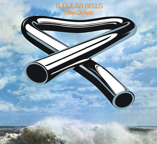 Album cover of 'Tubular Bells' by Mike Oldfield with a tubular bell design against a sky and ocean background.