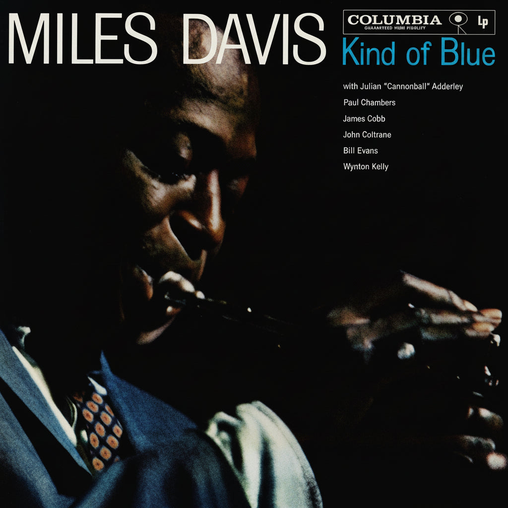 Album cover of 'Kind of Blue' by Miles Davis featuring a close-up of a musician playing the saxophone.