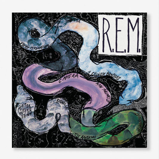 Album cover with colorful snake design and 'R.E.M.' text