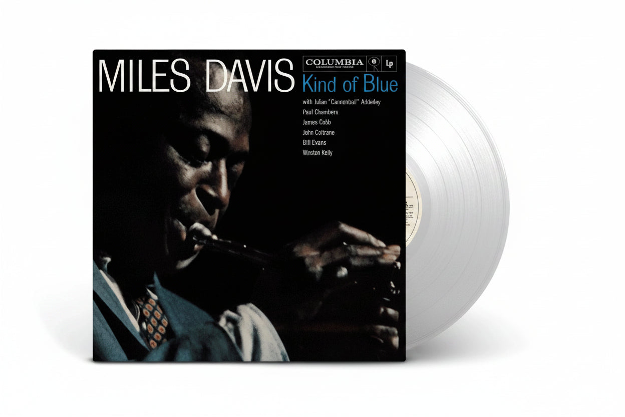 Vinyl record with Miles Davis cover featuring a saxophonist playing.